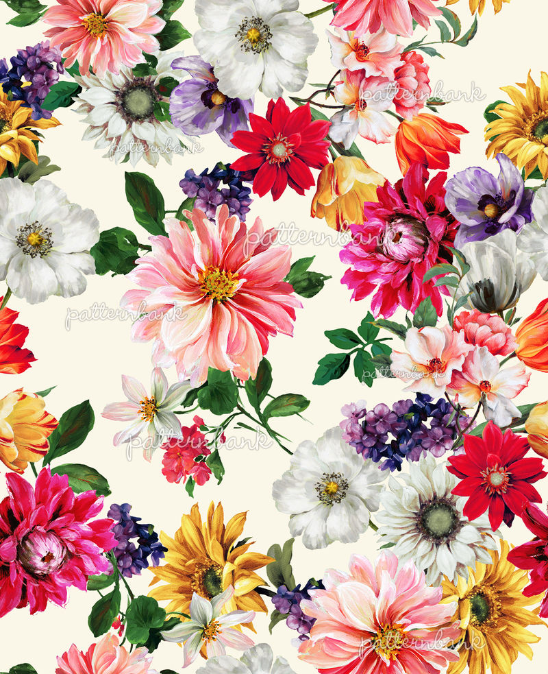Full Bloom Flowers Ecru Background Inspired by DOLCE AND GABBANA SS19  CATWALK by Hygge Design Studio Seamless Repeat Royalty-Free Stock Pattern -  Patternbank